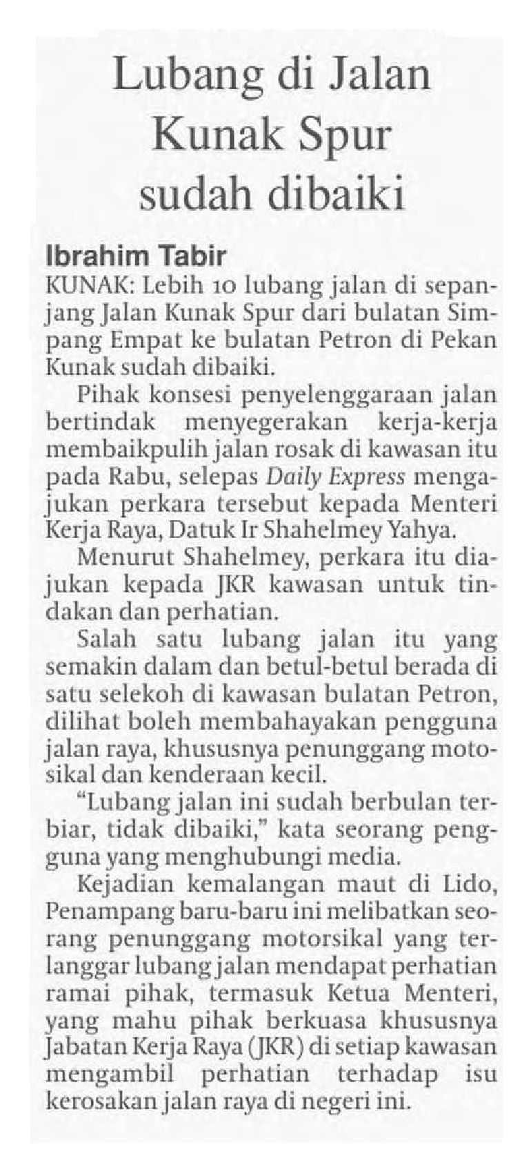 13 Februari 2025, Sabah - Lubang di Jalan Kunak Spur sudah dibaiki (Daily Express).jpg